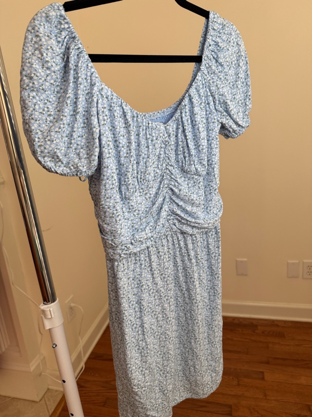 Hollister Light Blue Floral Midi Dress with Puff Sleeves